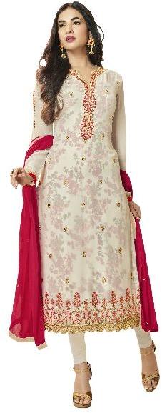 White Color Resham Embroidery Semi-Stitched Salwar Kameez Dress Material