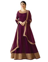 Women Georgette Thread Embroidery Anarkali Salwar, Color : Wine