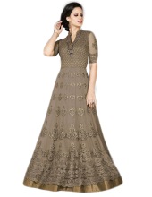 Women Net Embroidery Work Semi-Stitched Dress, Color : Mehendi