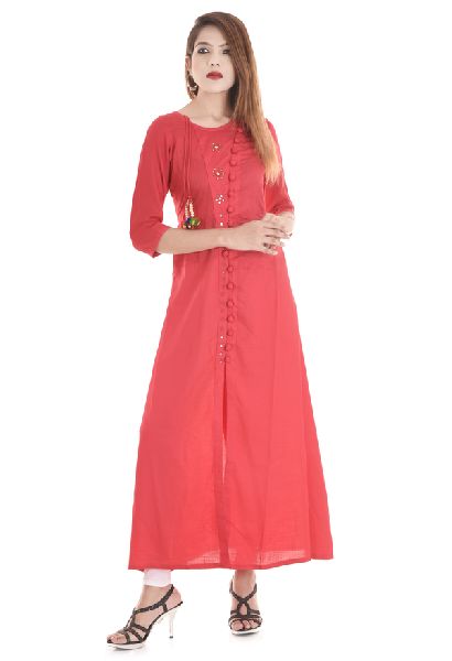 Best Designer Long pattern Red colored Cotton fabric 3/4 Size sleeves Party Wear Kurti Dress