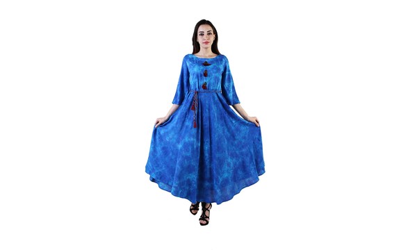 Latest Designer Printed Long Pattern Blue Color Cotton Fabric 3/4 Size Sleeves Women\\'s Dress