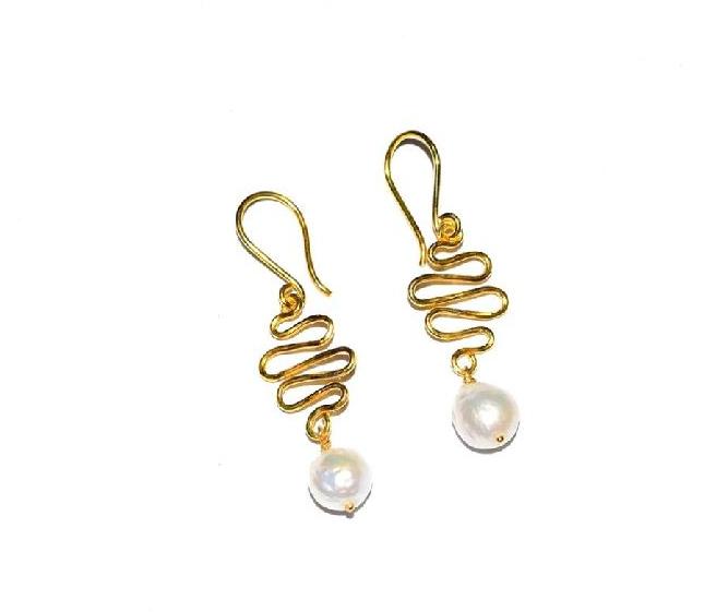 Gold Plated Wire Style & Pearl Dangle Brass Earring