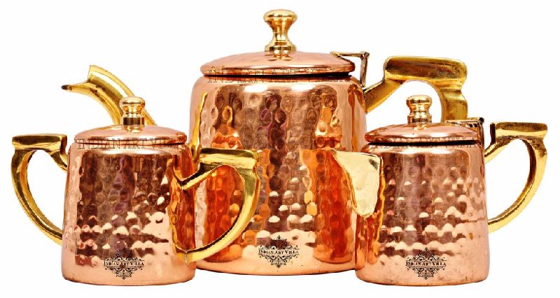 Copper Hammered Design Set Of 1 Milk,1 Sugar,1 Tea Pot and Brass Handle