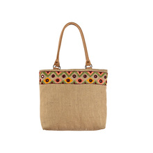 Embroidered Leather Handle Jute Bag