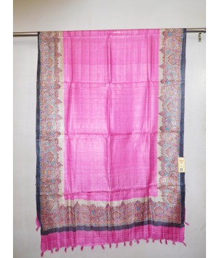 Printed Pink Tussar Silk Dupatta, Technics : Handloom