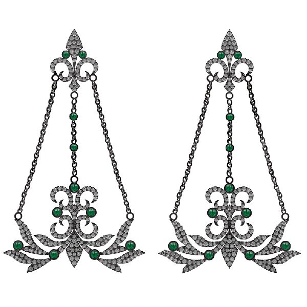 Sterling Silver Emerald Link Chain Fleur De LIs Chandelier Earrings
