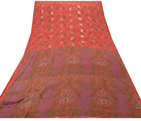 100% pure chinon silk saree pink printed sari craft fabric