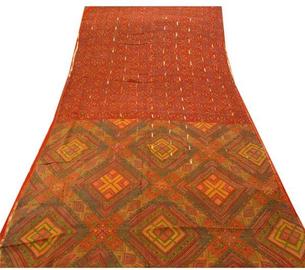 100% pure chinon silk saree red printed sari craft fabric