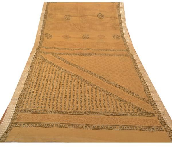 100% pure cotton saree brown block printed sari craft fabric