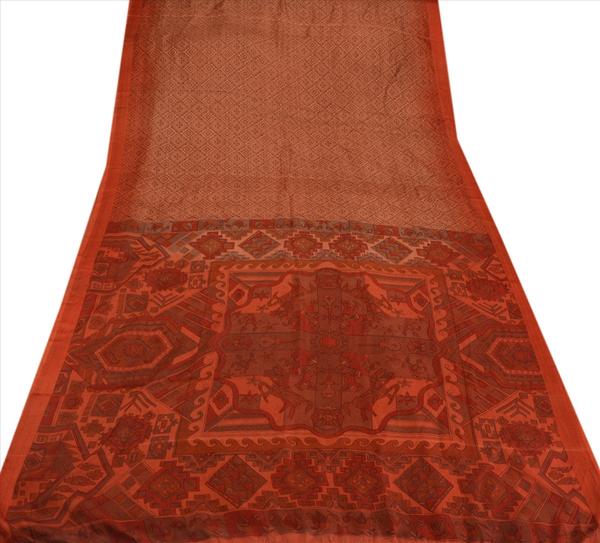 Antique vintage 100% pure silk saree brown printed sari craft fabric 5 yard