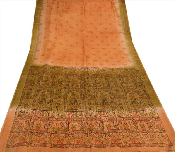 Antique vintage 100% pure silk saree peach printed sari craft fabric 5 yard