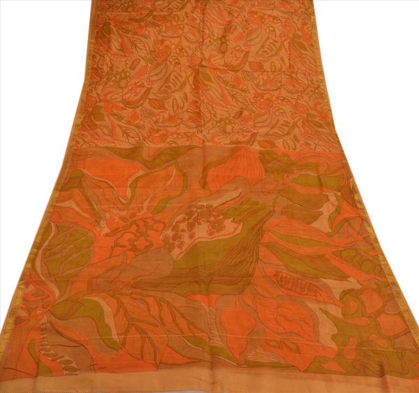 Antique vintage 100% pure silk saree saffron printed sari dcor craft fabric
