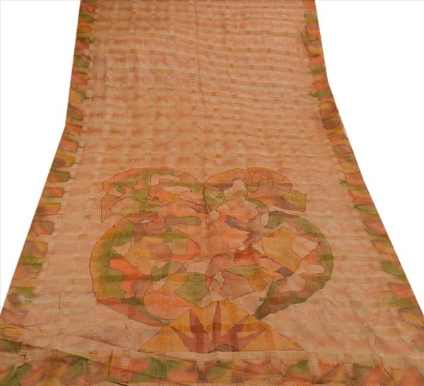 Sanskriti antique vintage 100% pure silk saree cream printed sari craft fabric