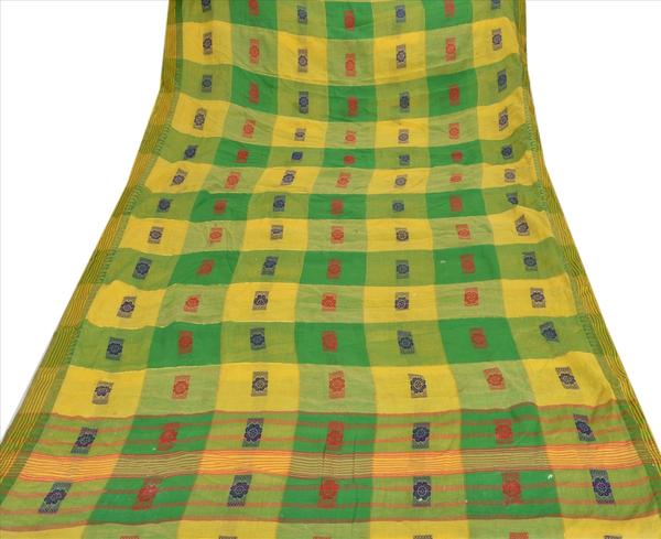Sanskriti vintage 100% pure cotton saree green woven printed sari dress fabric