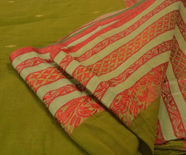 Sanskriti vintage indian saree pure cotton woven green craft fabric tant sari