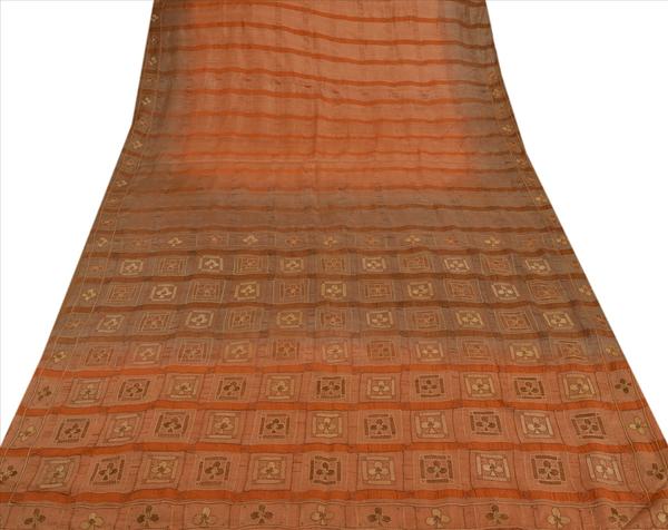 Vintage indian 100% pure silk saree hand embroidered peach fabric cultural sari