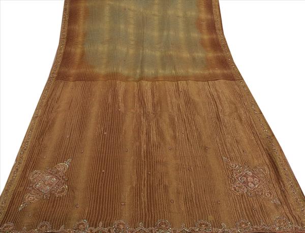 Vintage indian saree pure cotton hand beaded cream cultural craft fabric sari