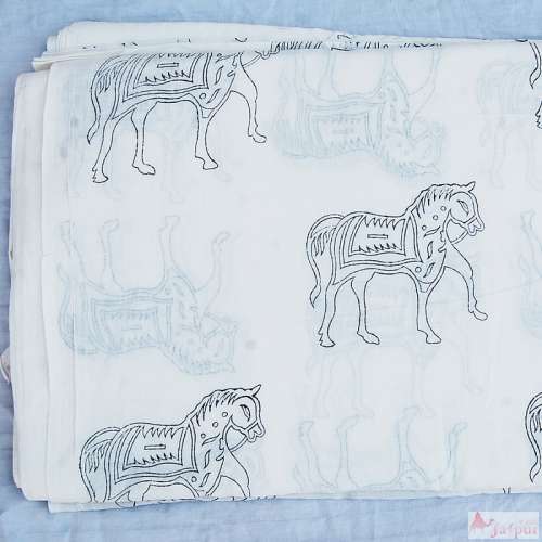 Hand Block Horse Printed Sanganeri Cotton Running Fabric