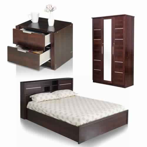 Milan Bedroom Set With Queen Bed, 3 Door-Wardrobe And Bedside Table (Walnut)