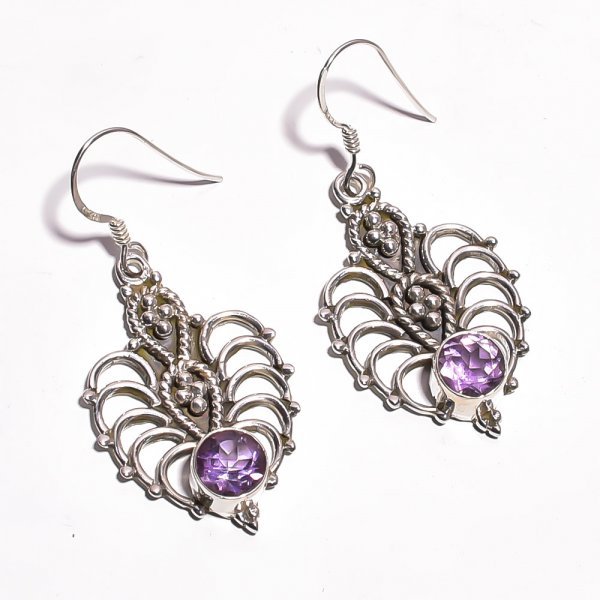 Polished Amethyst Gemstone Silver Earrings