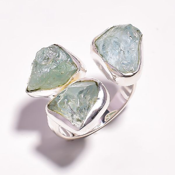 Aquamarine Raw Gemstone 925 Sterling Silver Ring Size US 8 Adjustable