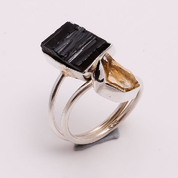 Black Tourmaline Citrine Raw Gemstone 925 Sterling Silver Ring Size US 7