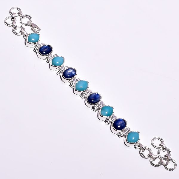 Blue Kyanite Amazonite Gemstone 925 Sterling Silver Bracelet