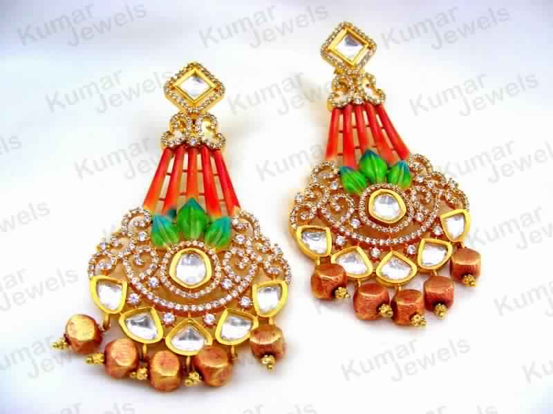 DESIGNED GOLD FINISH COLORED ENAMEL KUNDAN CUBIC ZIRCONS CARVED FASHION DANGLE EARRINGS