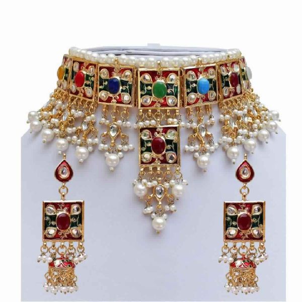 Finekraft Meena Kundan Bridal Wedding Designer Gold Plated Pearls Necklace Jewelry Set