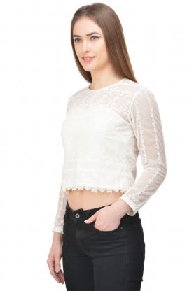 Castle Off-White Solid Net Crop Top