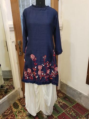 Rubella Silk Embroidered Kurti, Color : Blue