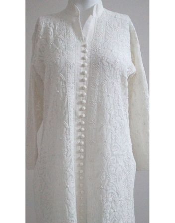 Cotton and Georgette Casual Wear Ladies White Chikan Kurti Handwash