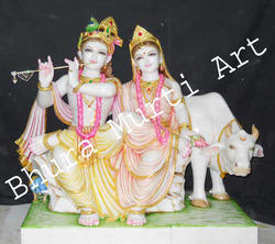 White Marble Radha Krishna Statue With Cow