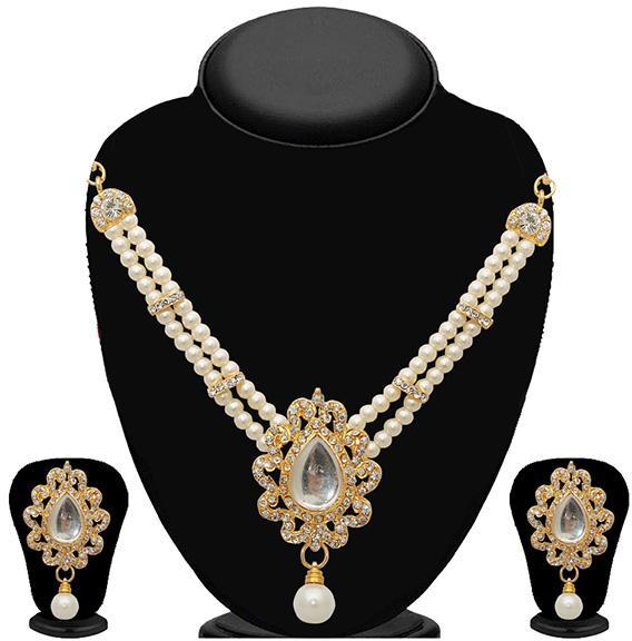 White Austrian Stone Gold Plated Pearl Necklace Set
