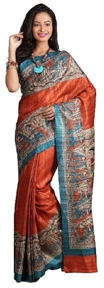 Printed silk madubani prin saree, Color : Multicolor