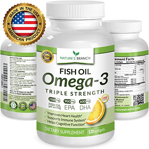 BEST TRIPLE STRENGTH Omega 3 Fish Oil Pills 2500mg Burpless HIGH POTENCY Lemon Flavored 900mg EPA 60
