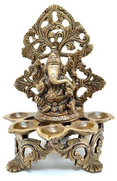 Brass Panchdeep Ganesha Carving Diya, for Home Decor, Pooja, Feature : Corrosion Proof, Fine Finishing