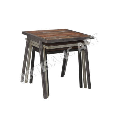 ANTIQUE RECLAIMED WOOD IRON NESTING TABLE SET OF THREE