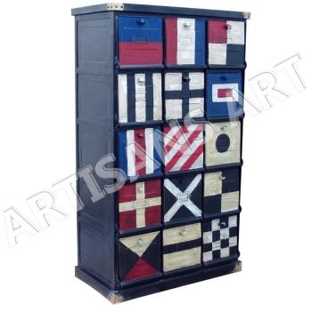 VINTAGE INDUSTRIAL IRON HAND FLAG PAINTED STORAGE CABINET