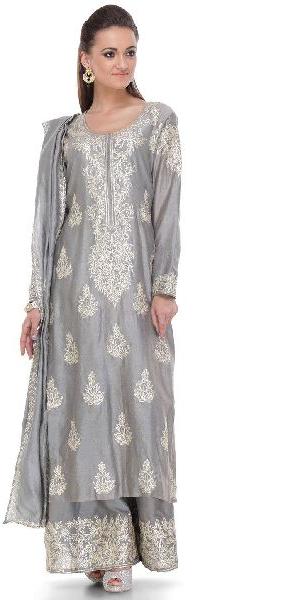 Grey Hand Embroidered Pure Silk Suit Material