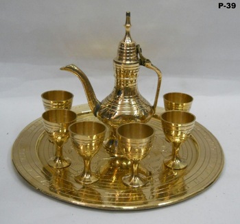 Antique Golden Royal Wine Glass, Surahi and Tray Set Pure Brass Handicraft