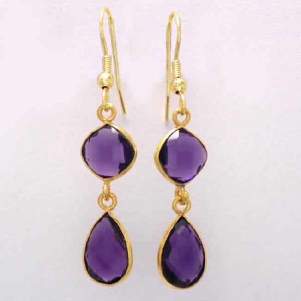 18k Gold Plated Amethyst Gemstone Teardrop Earrings