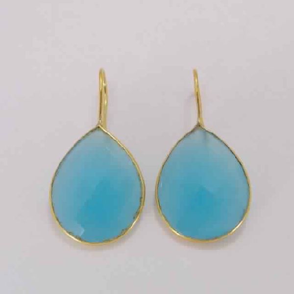 18K Gold Plated Blue Chalcedony Faceted Gemstone Teardrop Earrings