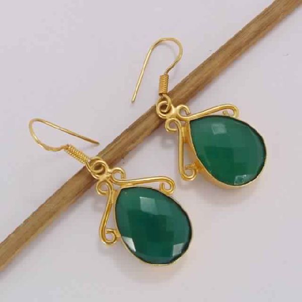 18k Gold Plated Green Onyx May Birthstone Drop Earrings