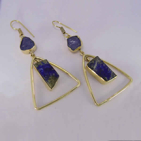 18K Gold Plated Raw Tanzanite And Lapis Lazuli Gemstone Dangle Earrings