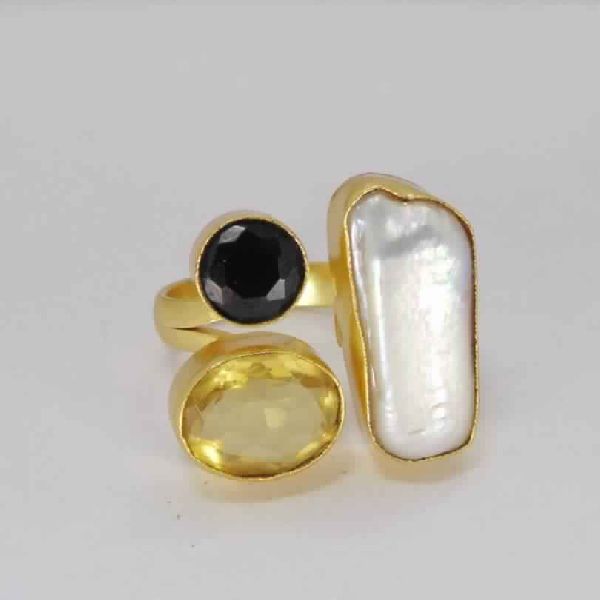 18k Gold Vermeil Biwa Pearl, Citrine And Black Onyx Gemstone Cocktail Ring