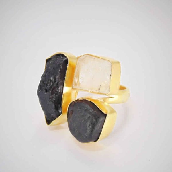 Artisan Handmade Black Tourmaline And Crystal Quartz Gemstone Statement Ring
