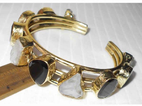 Black Onyx and Crystal Quartz Gemstone Cuff Bracelet