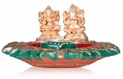 LAKSHMI, GANESHA WITH DIYA ON LEAFY EDGED PLATE (PAINTED)