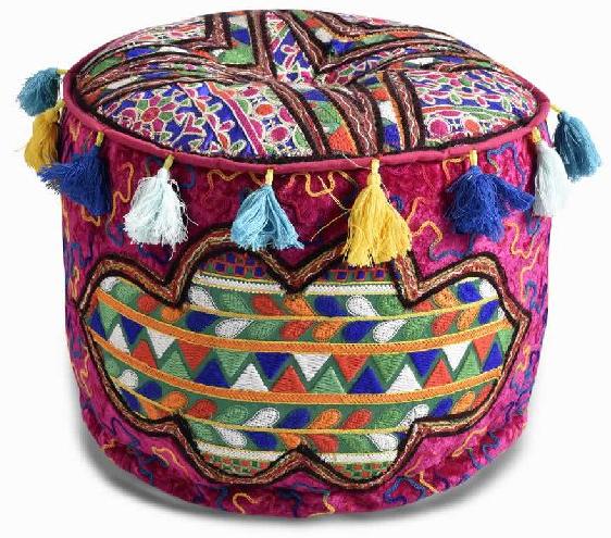 Velvet Embroidery Pouf Ottoman